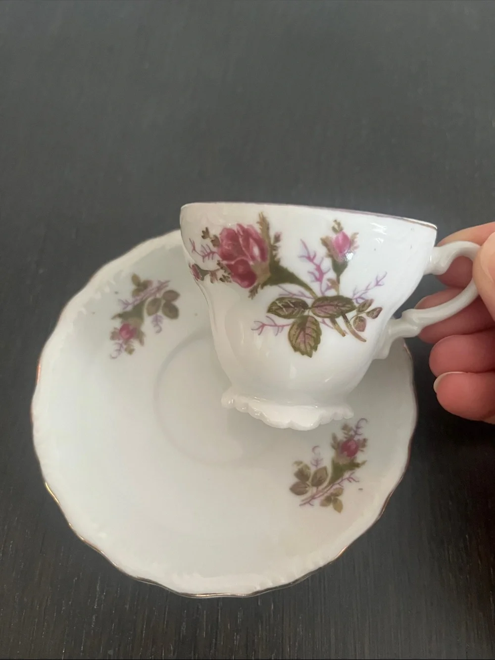 Vintage Floral Porcelain Teacup and Saucer - White with Pink Rose Accents